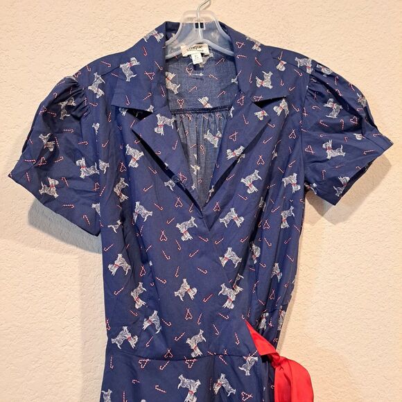 Unique Vintage Navy Blue Wrap Dress Scottie Dog and Candy Canes Red Belt M (6-8) - Picture 5 of 9